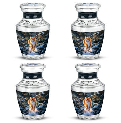 Powder Blue Cat Cremation Urn back view with polished surface - modern art-inspired cat motif on sleek aluminum - 10 inch aluminum urn for cremated remains