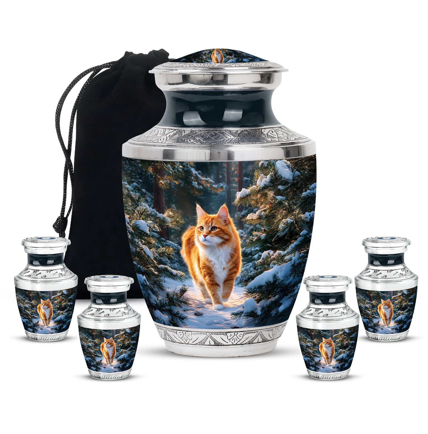 Indigo Cat Cremation Urn lifestyle display on memorial shelf - contemporary cat design with modern artistic flair - memorial set with one large and four small urns