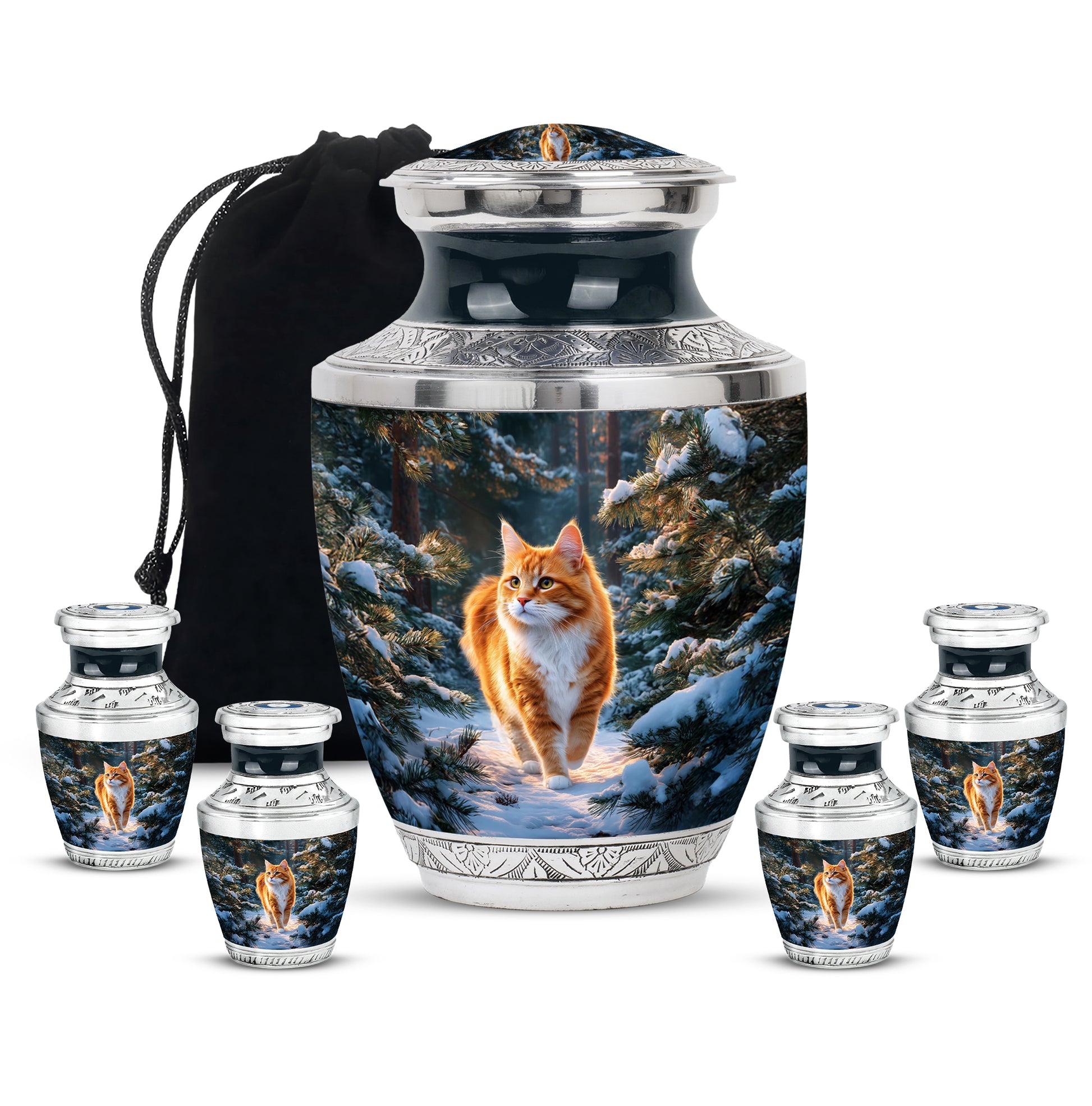 Indigo Cat Cremation Urn lifestyle display on memorial shelf - contemporary cat design with modern artistic flair - memorial set with one large and four small urns