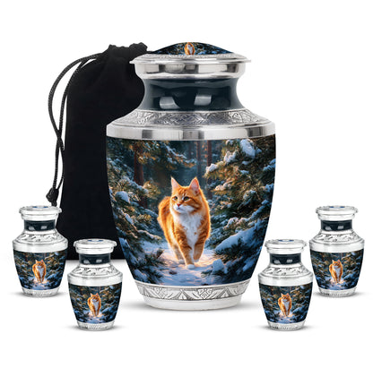 Indigo Cat Cremation Urn lifestyle display on memorial shelf - contemporary cat design with modern artistic flair - memorial set with one large and four small urns