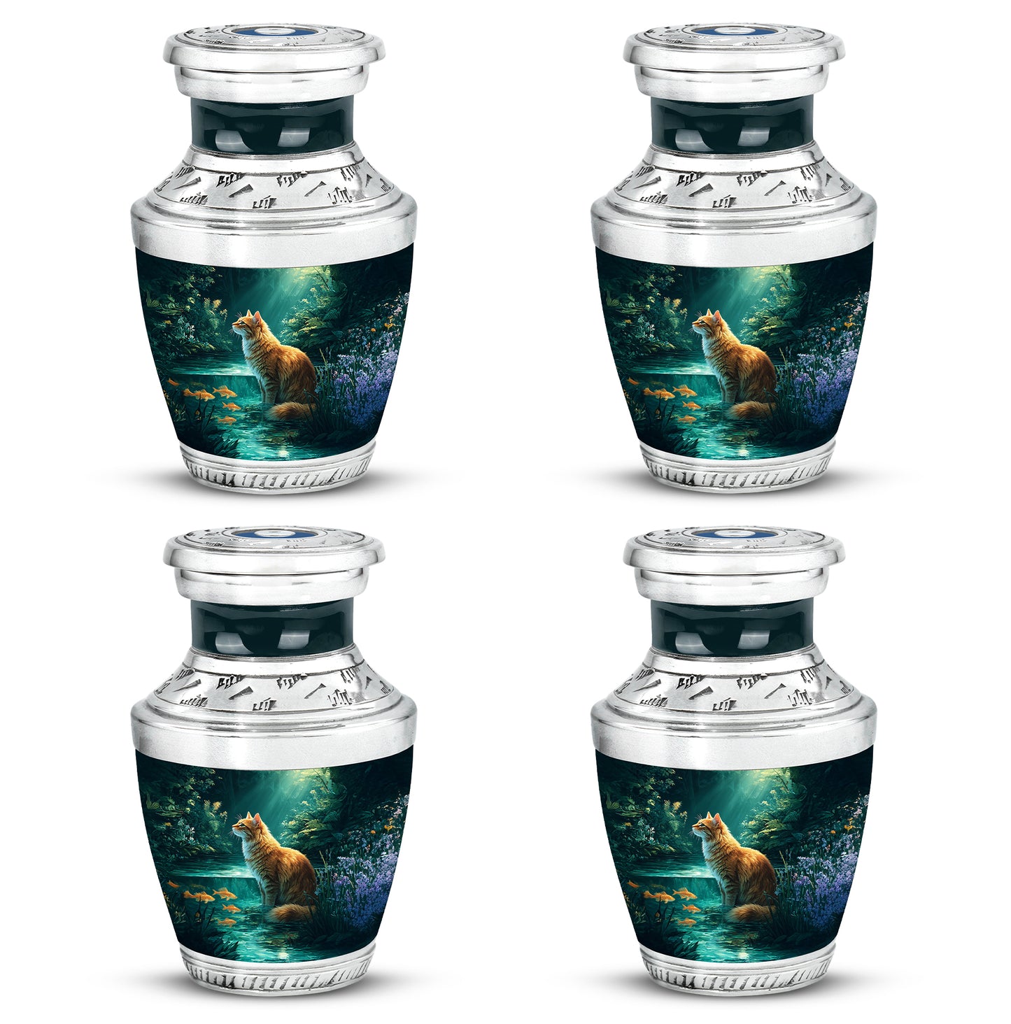 Cool Teal Cat Cremation Urn back view with polished surface - contemporary cat design with modern artistic flair - 10 inch aluminum urn for cremated remains