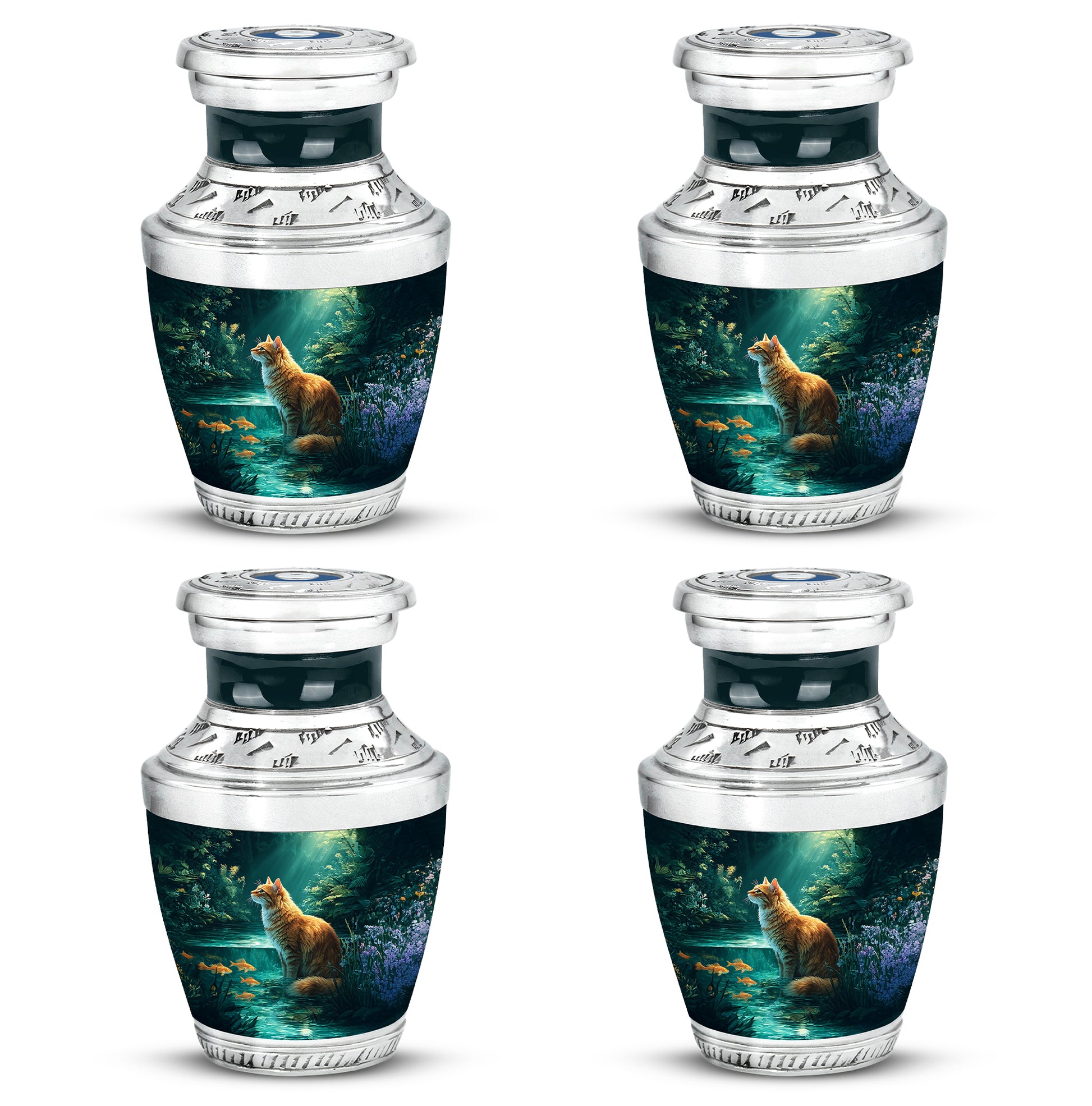 Cool Teal Cat Cremation Urn back view with polished surface - contemporary cat design with modern artistic flair - 10 inch aluminum urn for cremated remains