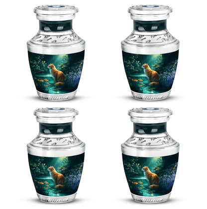 Cool Teal Cat Cremation Urn back view with polished surface - contemporary cat design with modern artistic flair - 10 inch aluminum urn for cremated remains