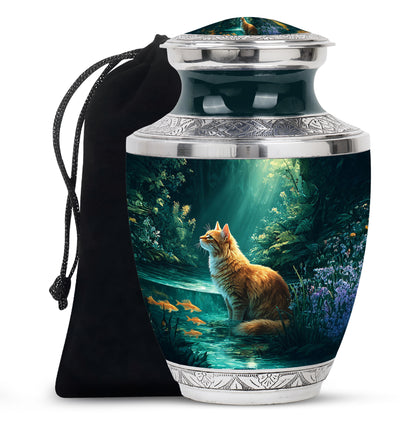 Sea Green Teal Cat Cremation Urn side profile showing urn shape - contemporary cat design with modern artistic flair - full-size 10 inch 200 cubic inch adult cremation urn