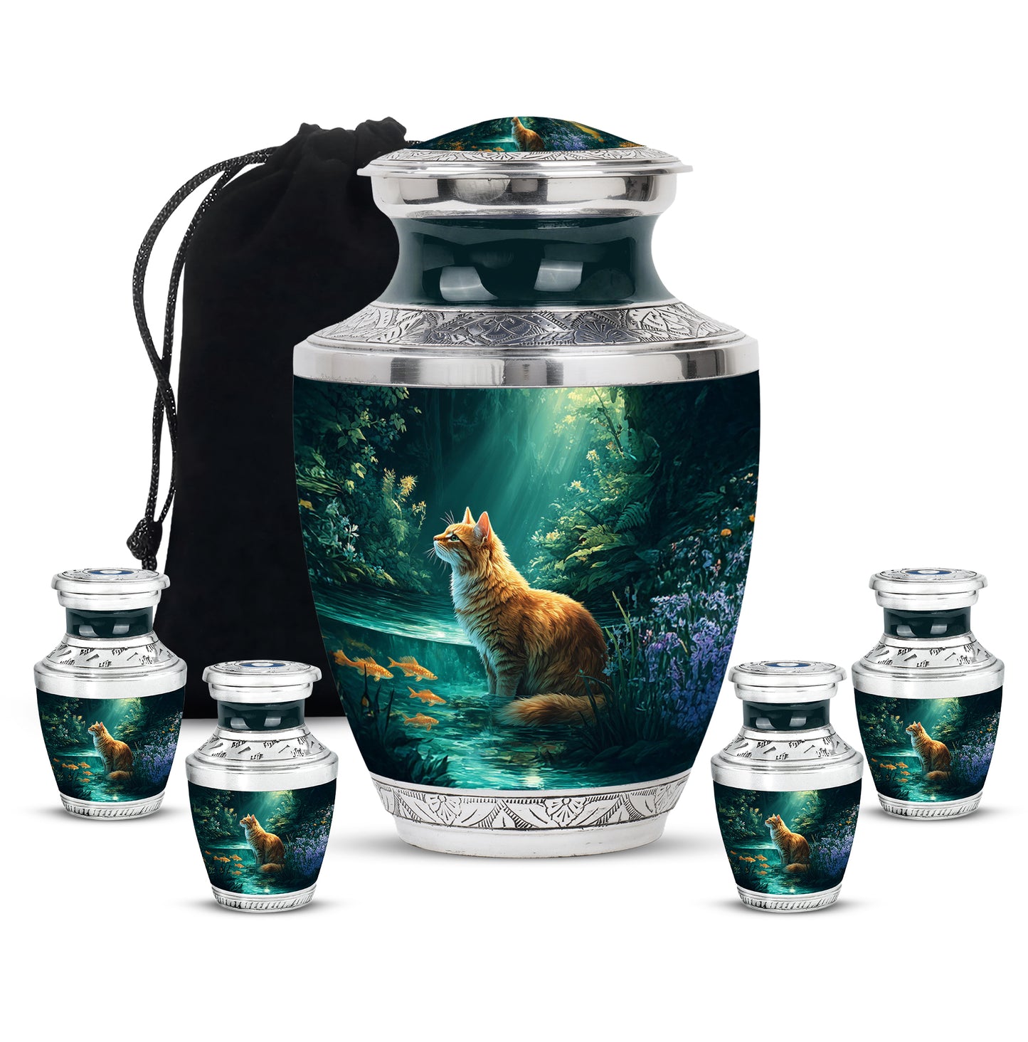 Cool Teal Cat Cremation Urn lifestyle display on memorial shelf - contemporary cat design with modern artistic flair - memorial set with one large and four small urns