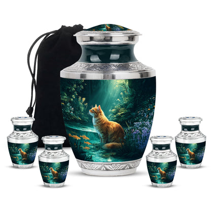 Cool Teal Cat Cremation Urn lifestyle display on memorial shelf - contemporary cat design with modern artistic flair - memorial set with one large and four small urns