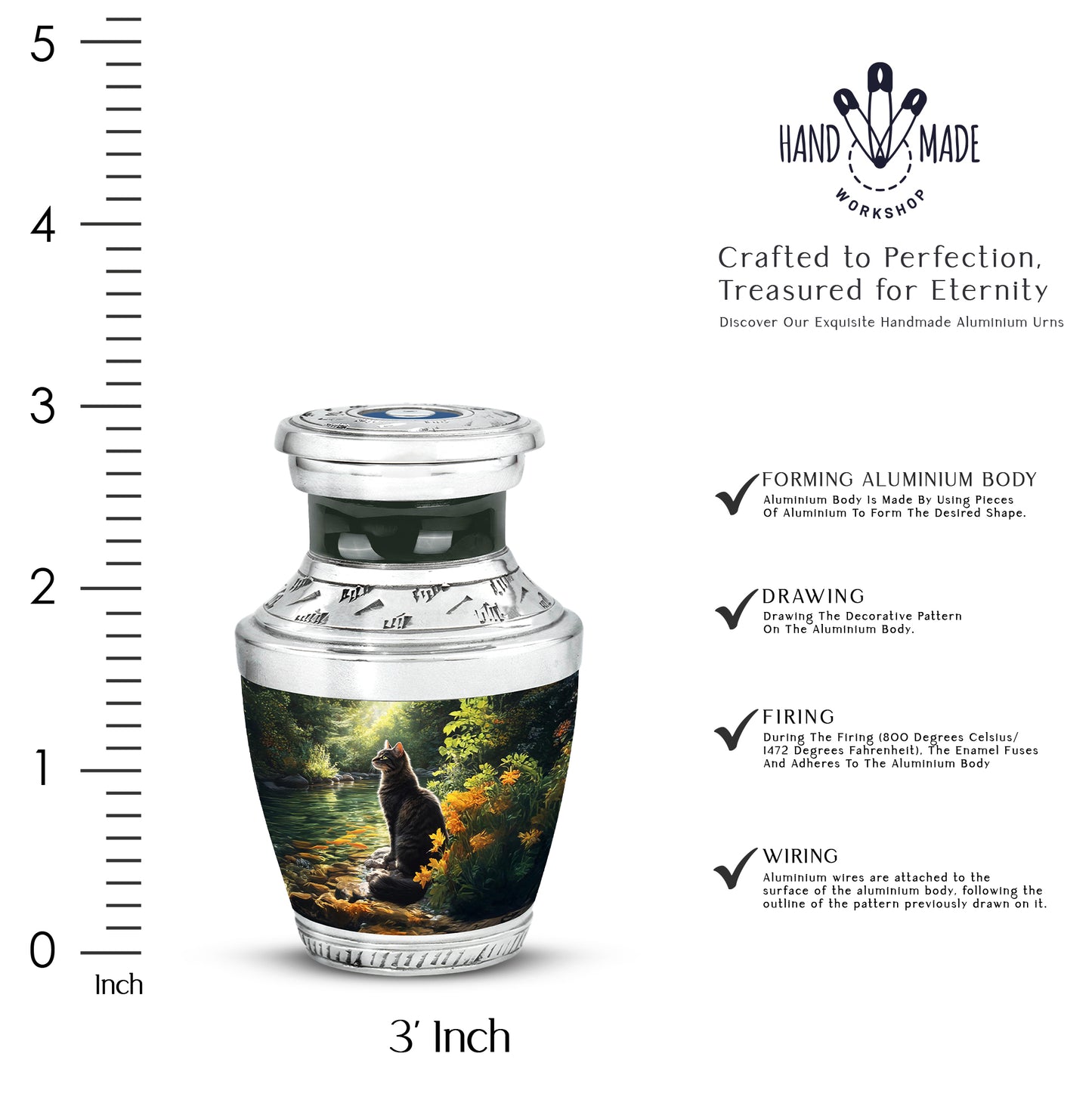 Glossy Black Cat Cremation Urn top-down view of secure threaded lid - modern art-inspired cat motif on sleek aluminum - mini keepsake memorial for portion of cremation ashes