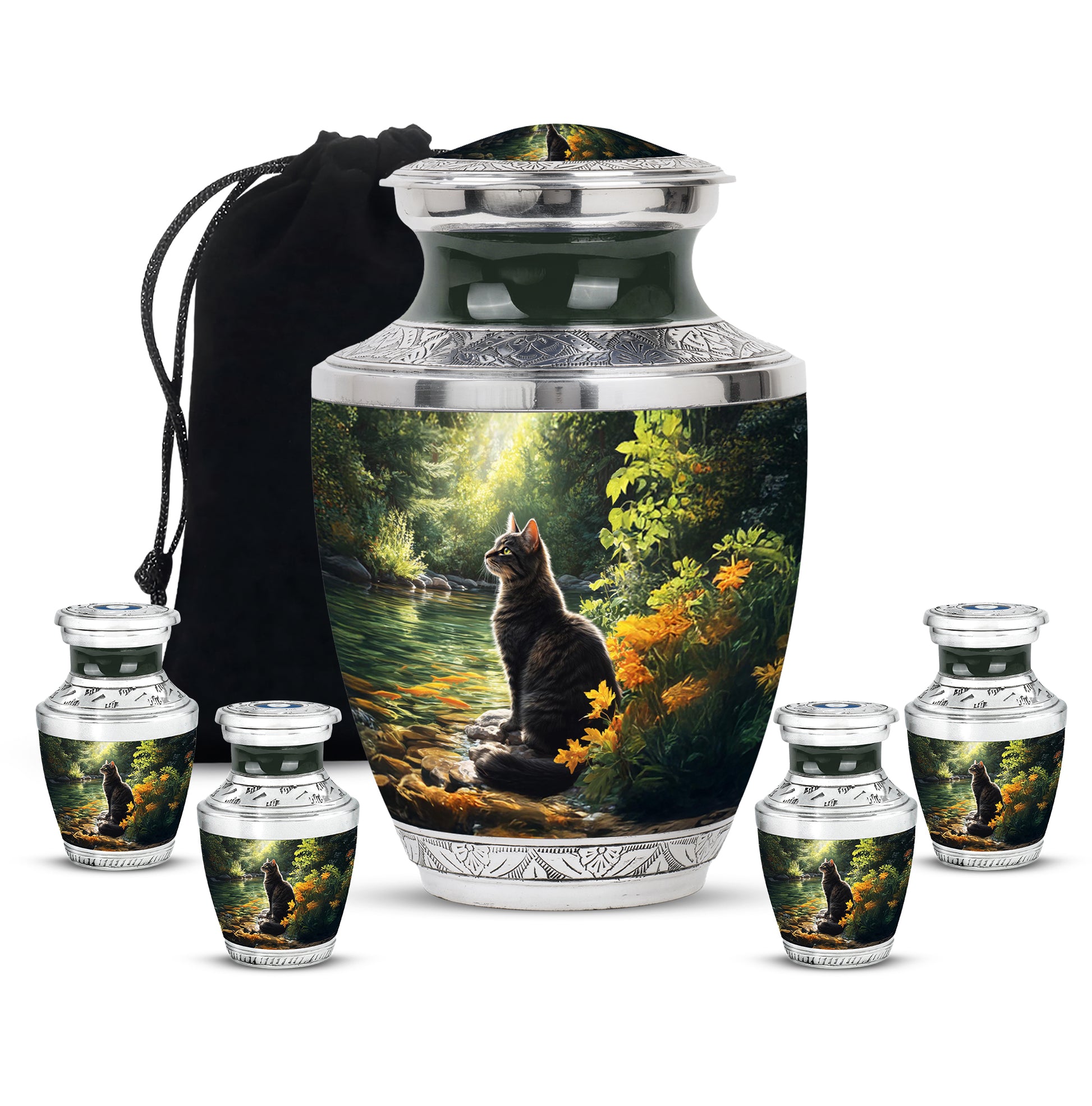Onyx Black Cat Cremation Urn lifestyle display on memorial shelf - stylized abstract cat pattern with bold lines - memorial set with one large and four small urns