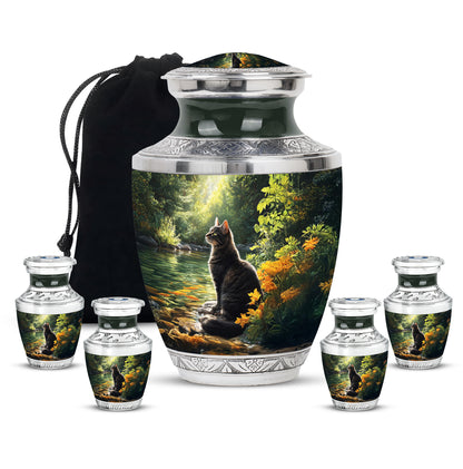 Onyx Black Cat Cremation Urn lifestyle display on memorial shelf - stylized abstract cat pattern with bold lines - memorial set with one large and four small urns