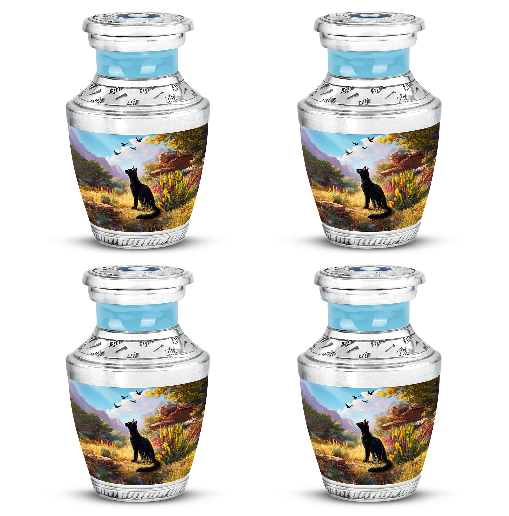 Bright Blue Cat Cremation Urn back view with polished surface - artistic cat interpretation with creative detail - 10 inch aluminum urn for cremated remains