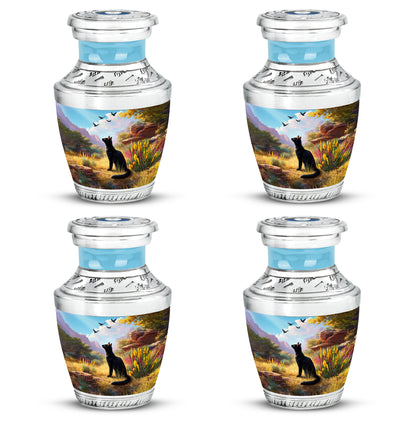 Bright Blue Cat Cremation Urn back view with polished surface - artistic cat interpretation with creative detail - 10 inch aluminum urn for cremated remains