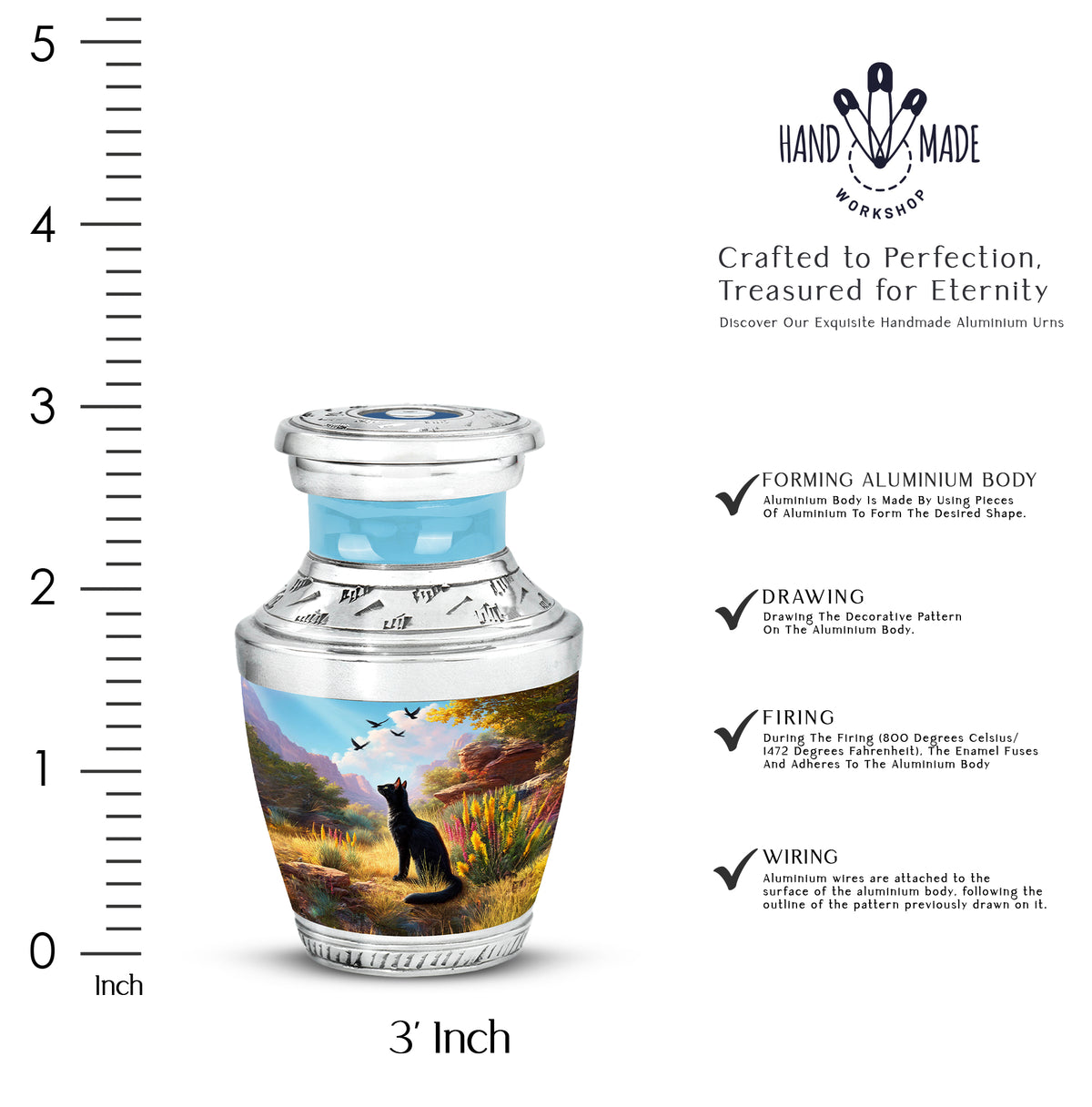 Celestial Blue Cat Cremation Urn top-down view of secure threaded lid - modern art-inspired cat motif on sleek aluminum - mini keepsake memorial for portion of cremation ashes