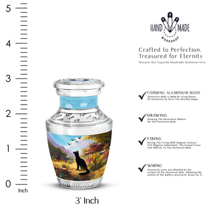 Celestial Blue Cat Cremation Urn top-down view of secure threaded lid - modern art-inspired cat motif on sleek aluminum - mini keepsake memorial for portion of cremation ashes