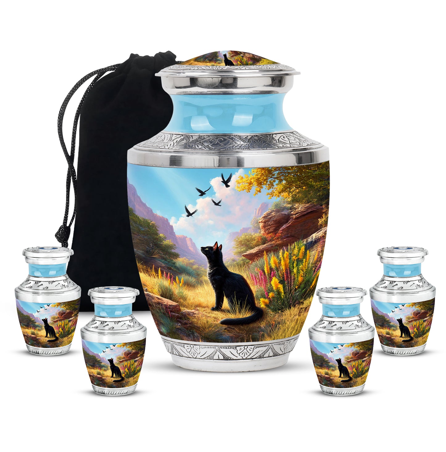 Sky Blue Cat Cremation Urn lifestyle display on memorial shelf - contemporary cat design with modern artistic flair - memorial set with one large and four small urns
