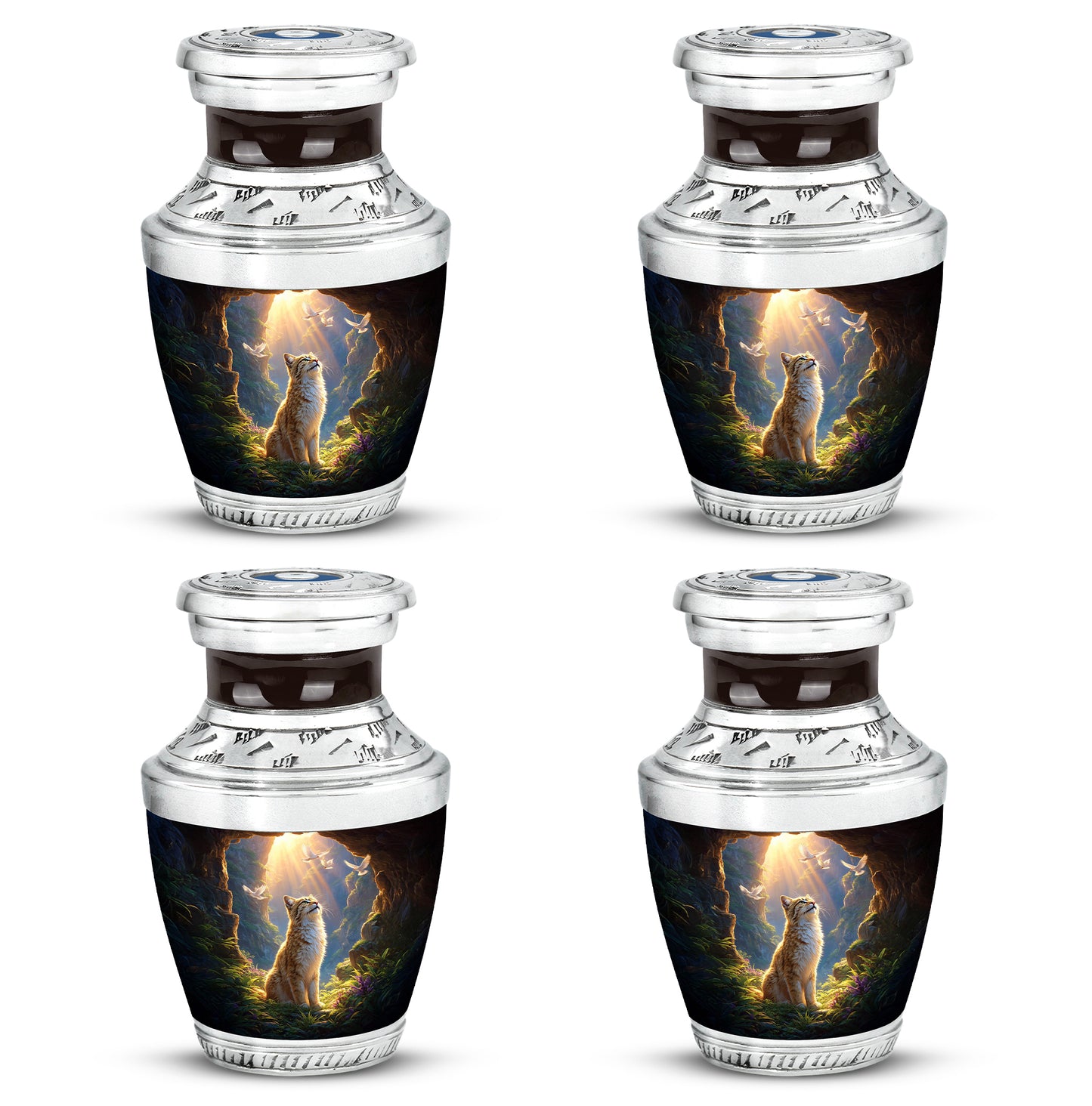 Garnet Red Cat Cremation Urn back view with polished surface - modern art-inspired cat motif on sleek aluminum - 10 inch aluminum urn for cremated remains