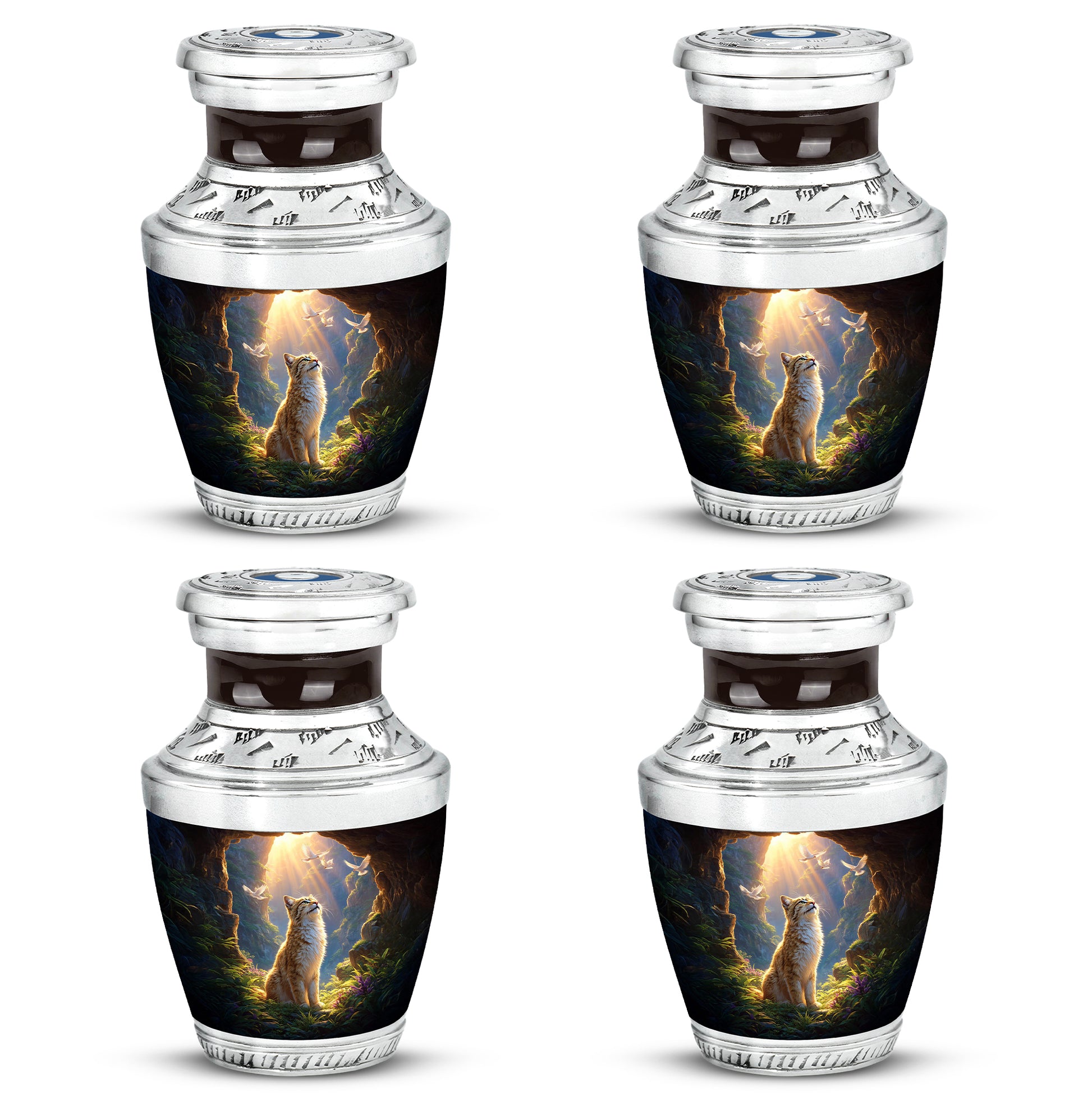 Garnet Red Cat Cremation Urn back view with polished surface - modern art-inspired cat motif on sleek aluminum - 10 inch aluminum urn for cremated remains