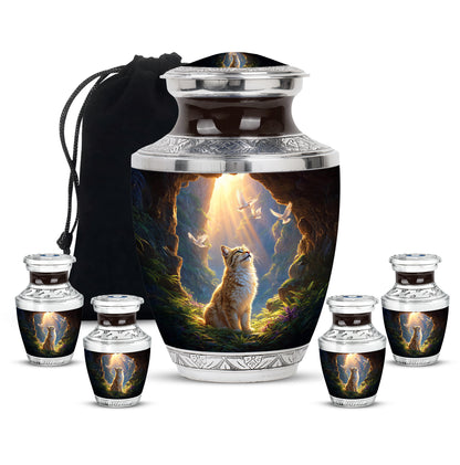 Wine Red Cat Cremation Urn lifestyle display on memorial shelf - modern art-inspired cat motif on sleek aluminum - memorial set with one large and four small urns