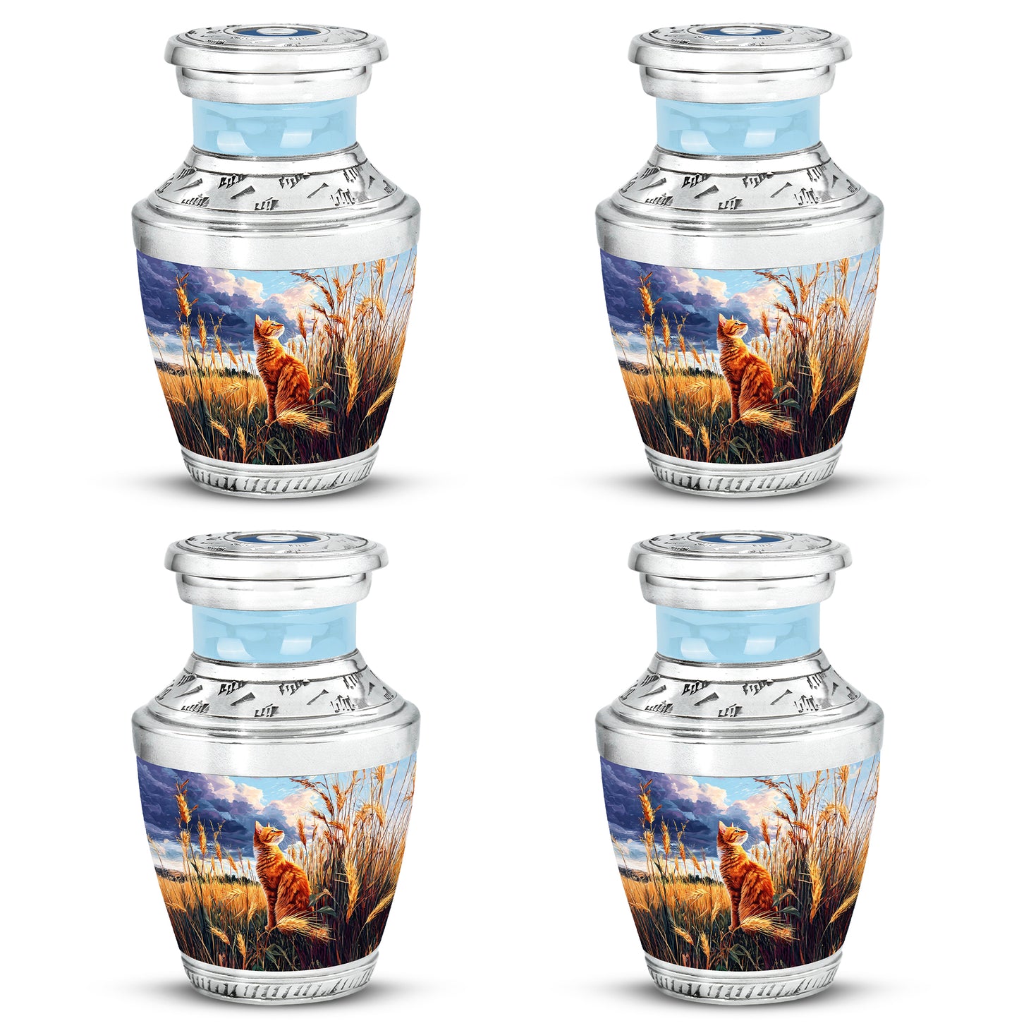 Sapphire Blue Cat Cremation Urn back view with polished surface - stylized abstract cat pattern with bold lines - 10 inch aluminum urn for cremated remains