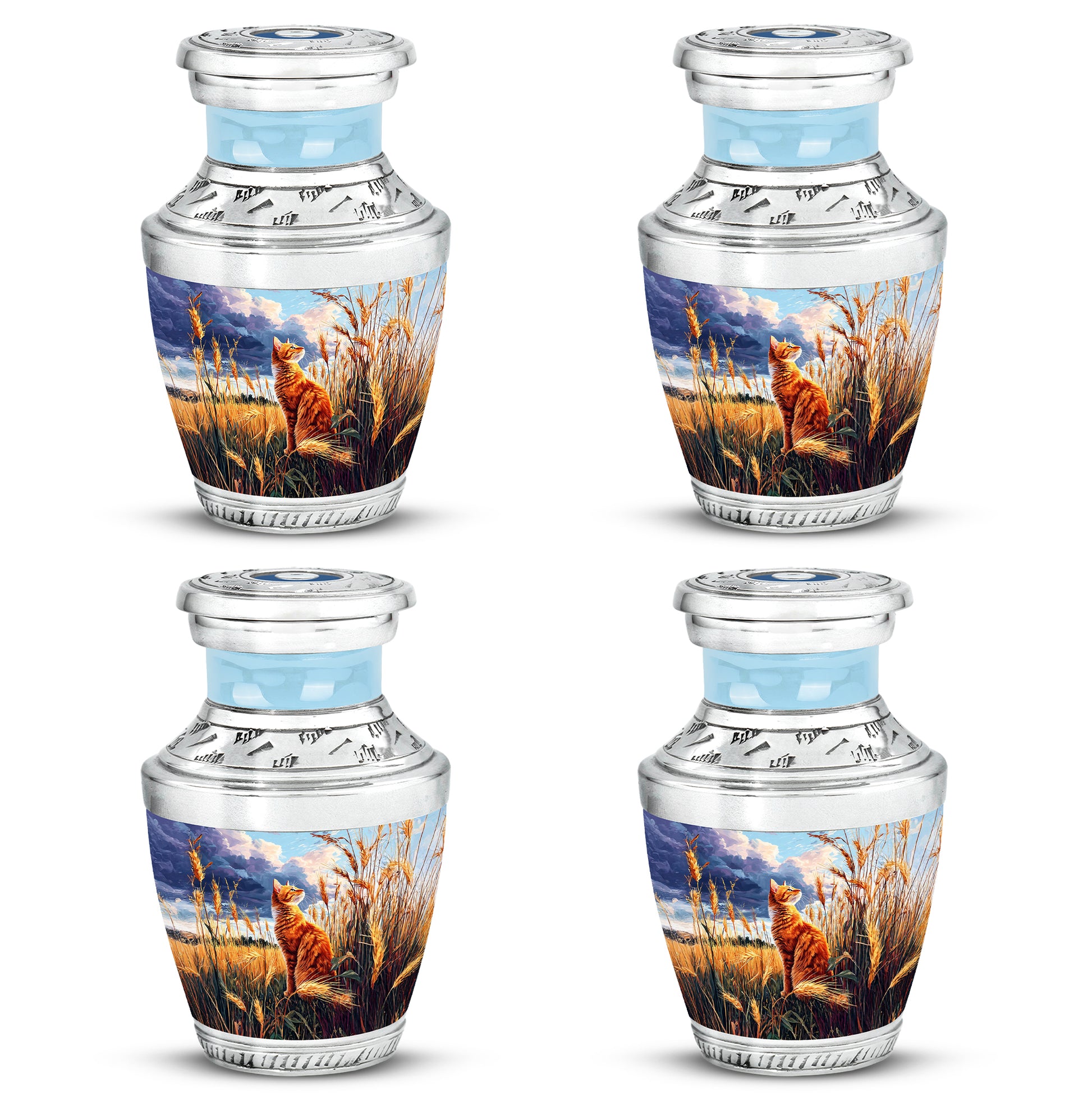 Sapphire Blue Cat Cremation Urn back view with polished surface - stylized abstract cat pattern with bold lines - 10 inch aluminum urn for cremated remains