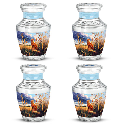 Sapphire Blue Cat Cremation Urn back view with polished surface - stylized abstract cat pattern with bold lines - 10 inch aluminum urn for cremated remains