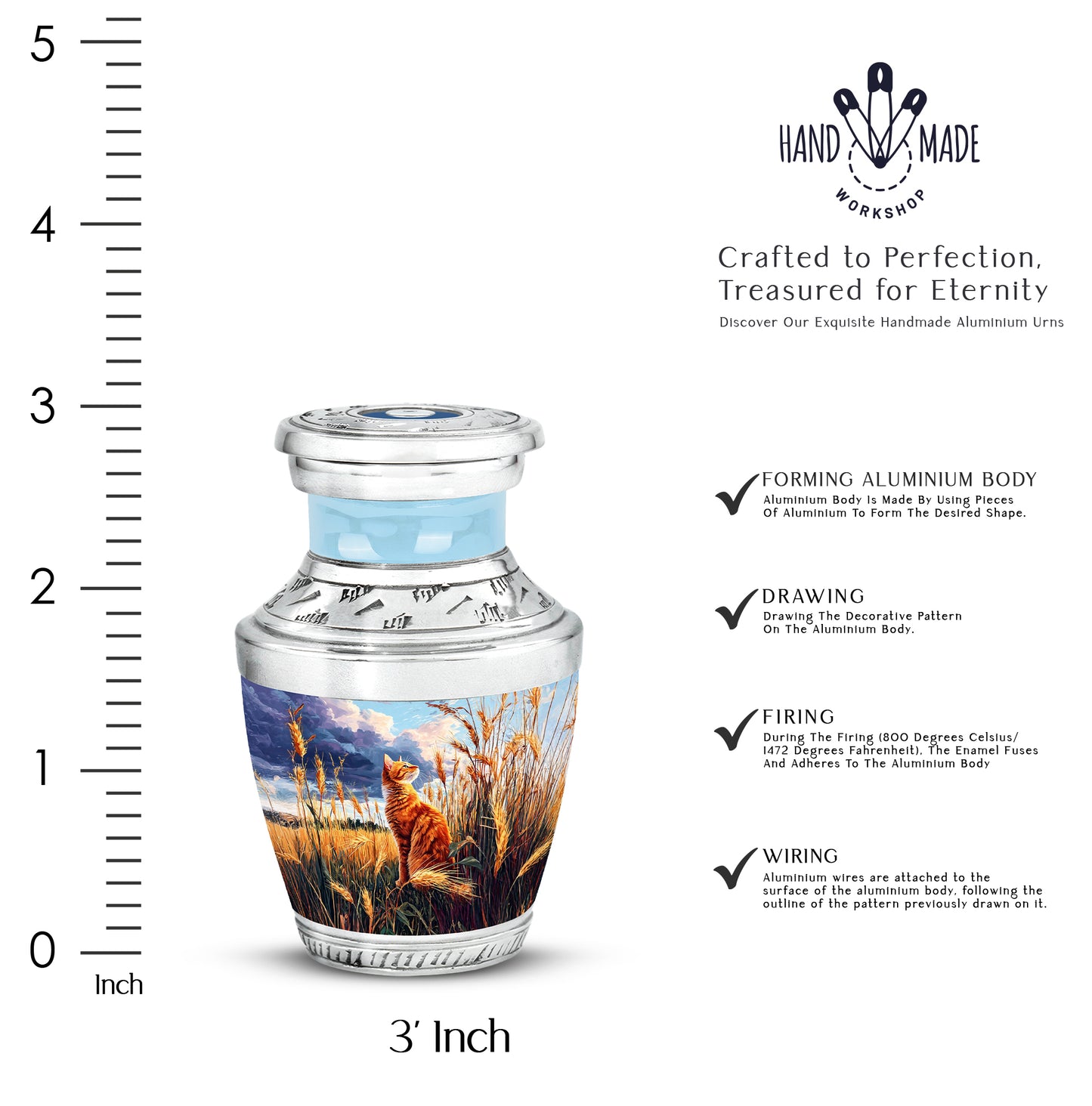 Twilight Blue Cat Cremation Urn top-down view of secure threaded lid - stylized abstract cat pattern with bold lines - mini keepsake memorial for portion of cremation ashes