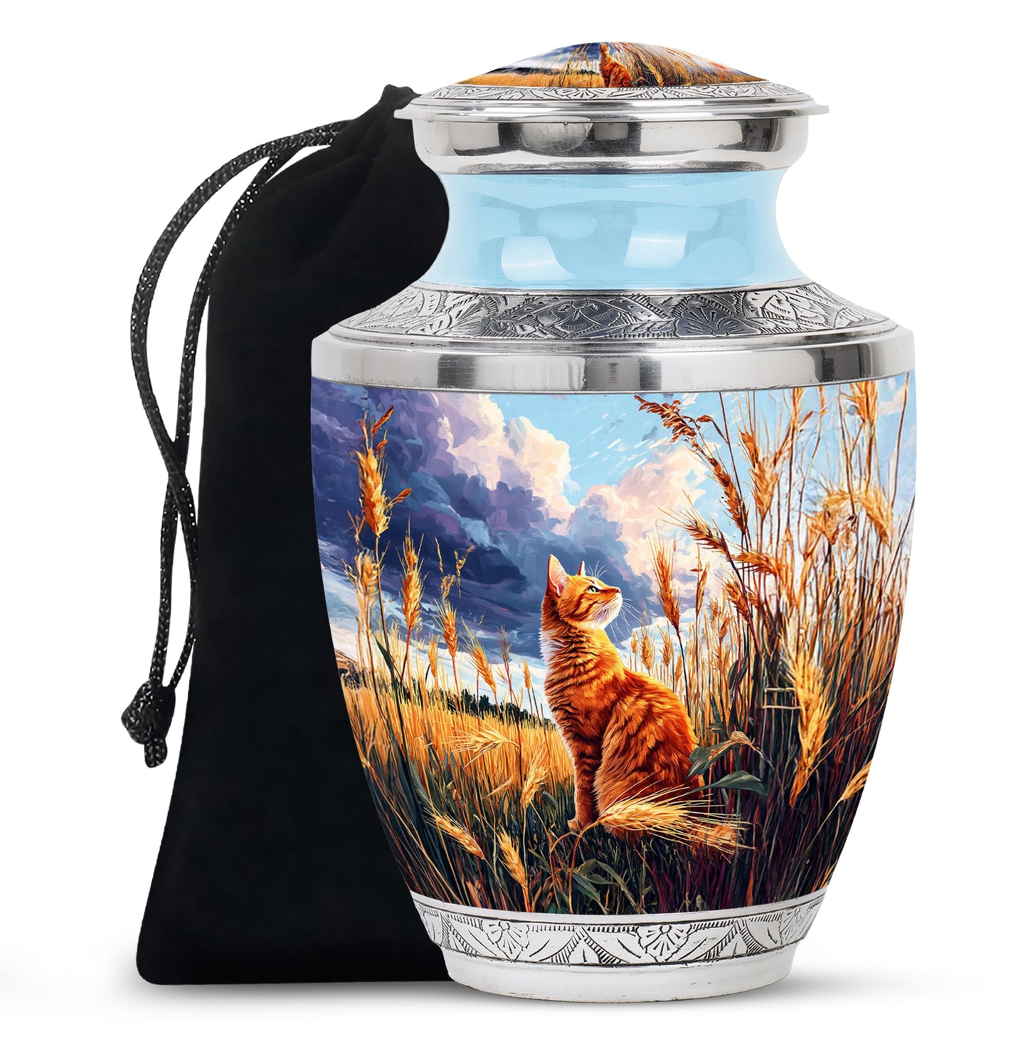 Royal Blue Cat Cremation Urn side profile showing urn shape - artistic cat interpretation with creative detail - full-size 10 inch 200 cubic inch adult cremation urn
