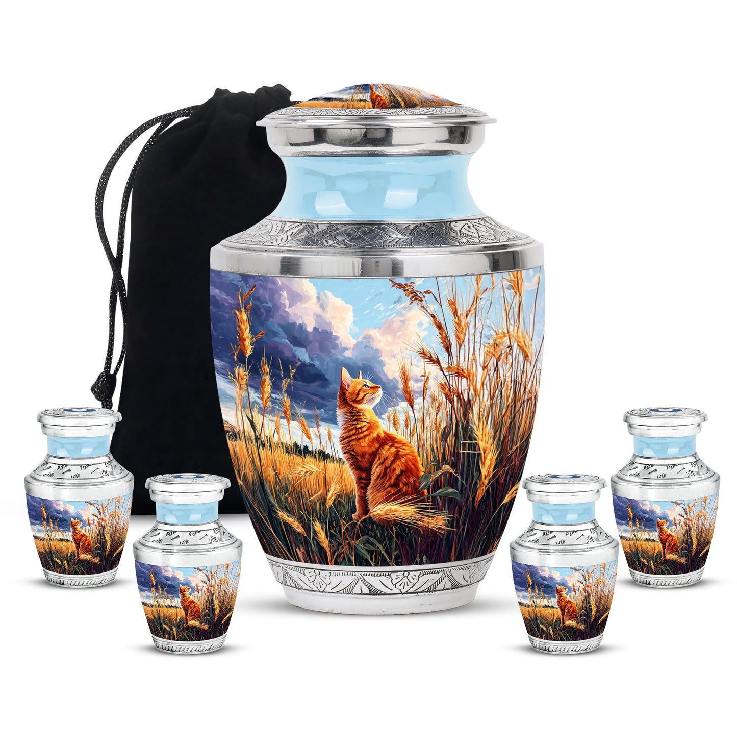 Azure Cat Cremation Urn lifestyle display on memorial shelf - modern art-inspired cat motif on sleek aluminum - memorial set with one large and four small urns