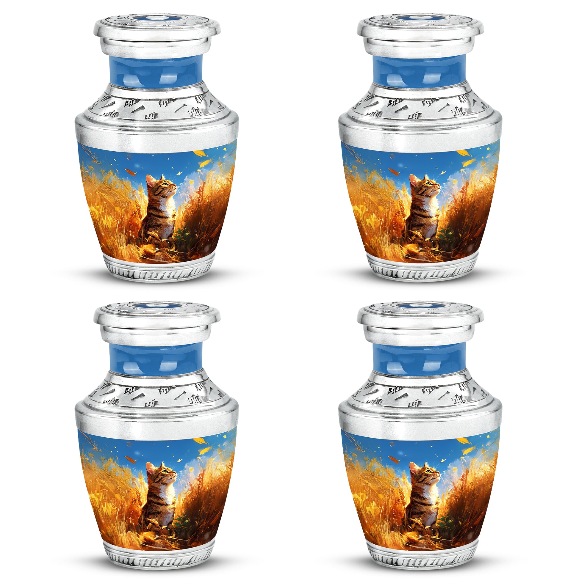 Cobalt Blue Cat Cremation Urn back view with polished surface - artistic cat interpretation with creative detail - 10 inch aluminum urn for cremated remains