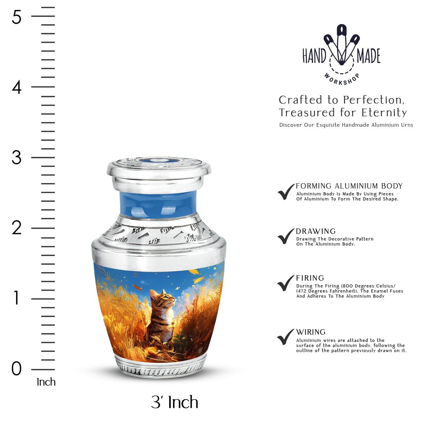 Serene Blue Cat Cremation Urn top-down view of secure threaded lid - artistic cat interpretation with creative detail - mini keepsake memorial for portion of cremation ashes