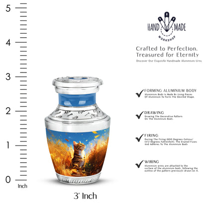 Serene Blue Cat Cremation Urn top-down view of secure threaded lid - artistic cat interpretation with creative detail - mini keepsake memorial for portion of cremation ashes