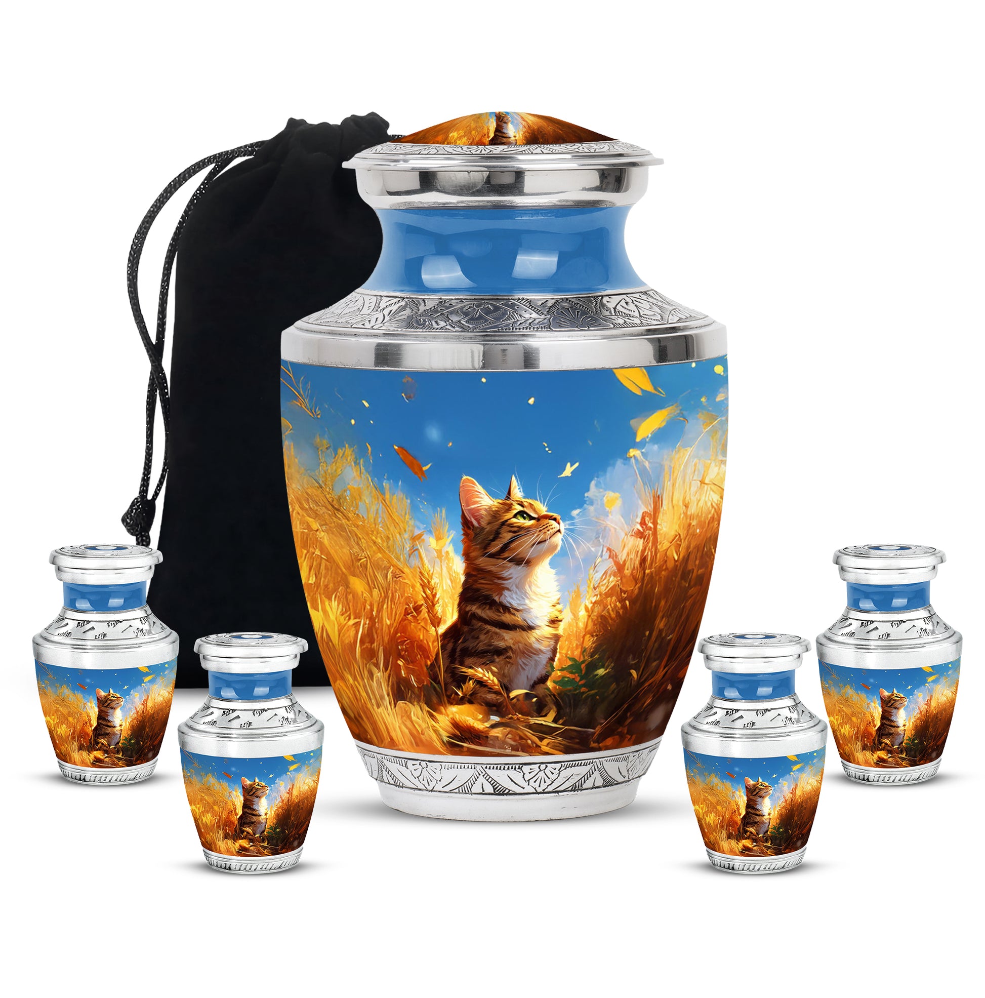 Navy Blue Cat Cremation Urn lifestyle display on memorial shelf - contemporary cat design with modern artistic flair - memorial set with one large and four small urns