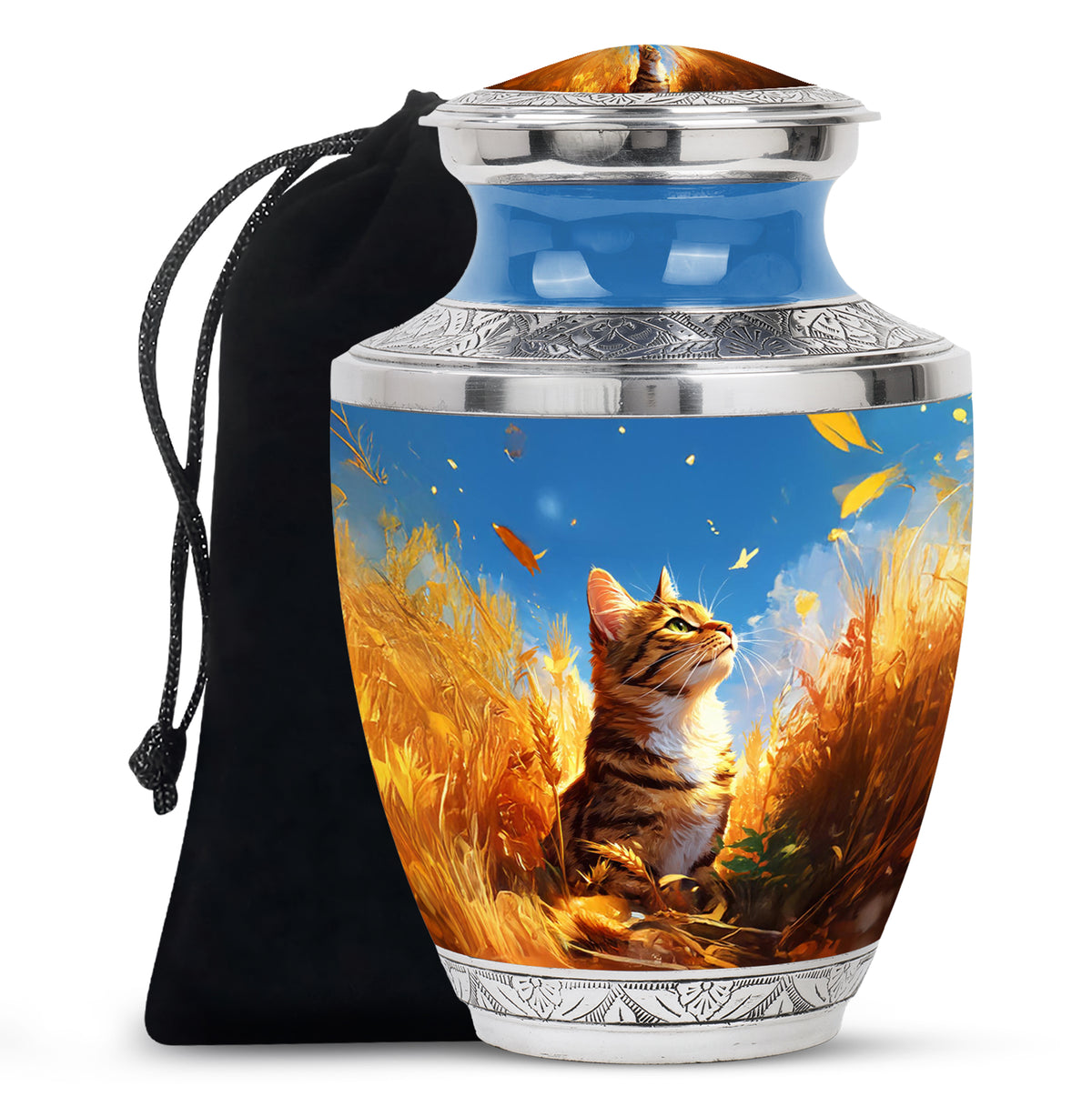 Pastel Blue Cat Cremation Urn side profile showing urn shape - contemporary cat design with modern artistic flair - full-size 10 inch 200 cubic inch adult cremation urn