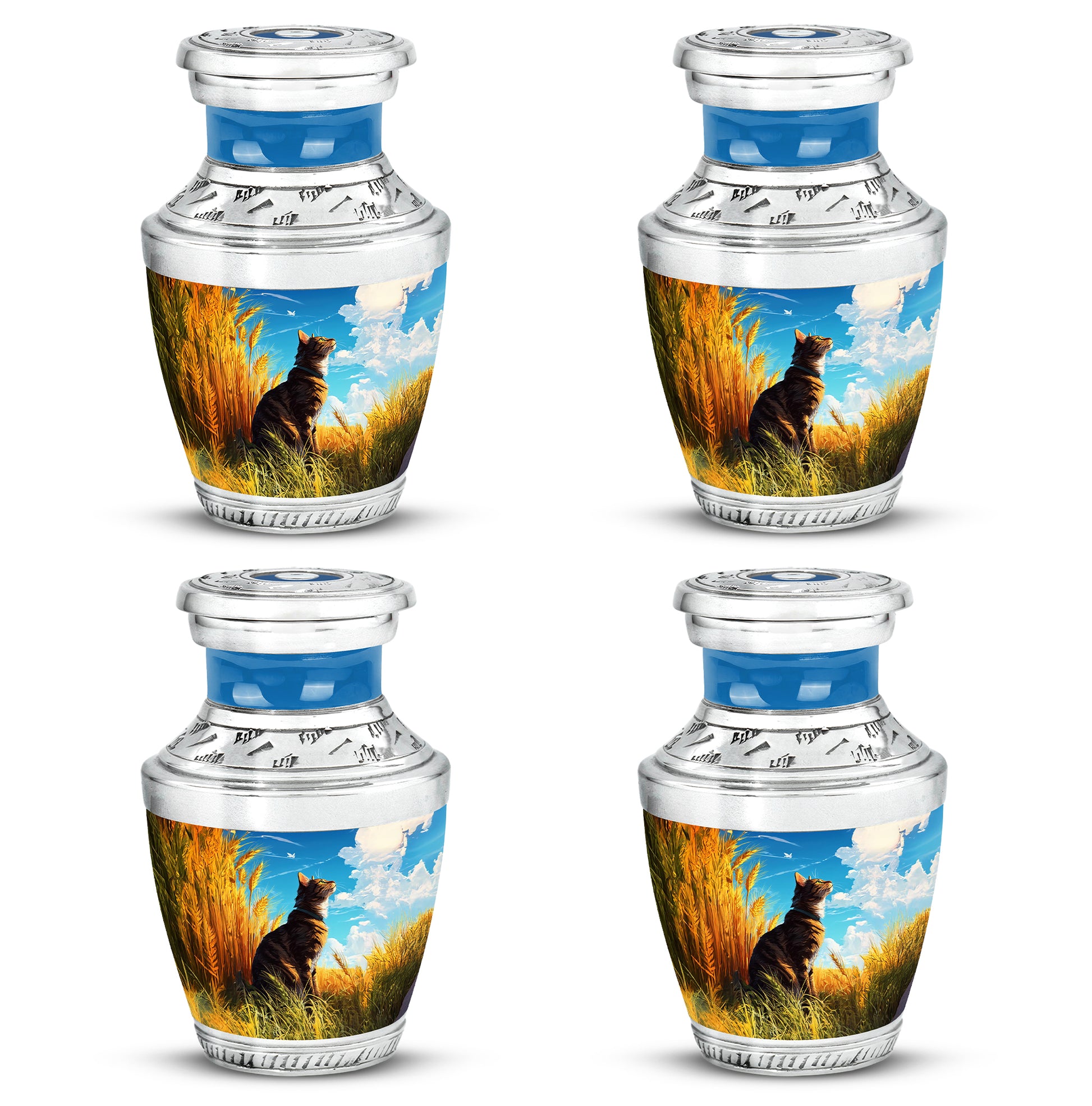 Bright Blue Cat Cremation Urn back view with polished surface - artistic cat interpretation with creative detail - 10 inch aluminum urn for cremated remains