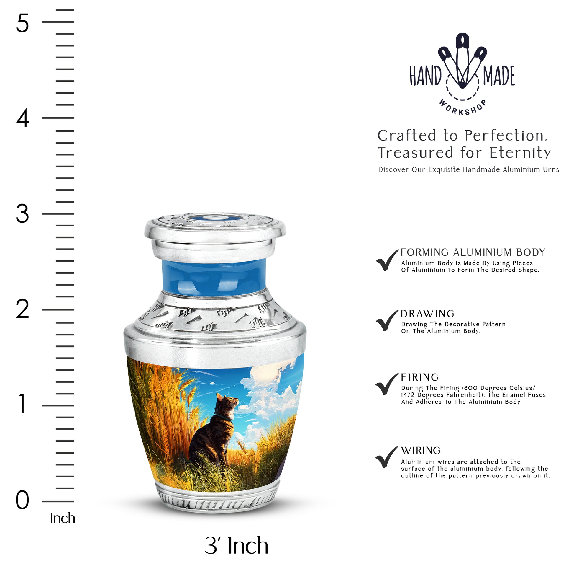 Twilight Blue Cat Cremation Urn top-down view of secure threaded lid - stylized abstract cat pattern with bold lines - mini keepsake memorial for portion of cremation ashes