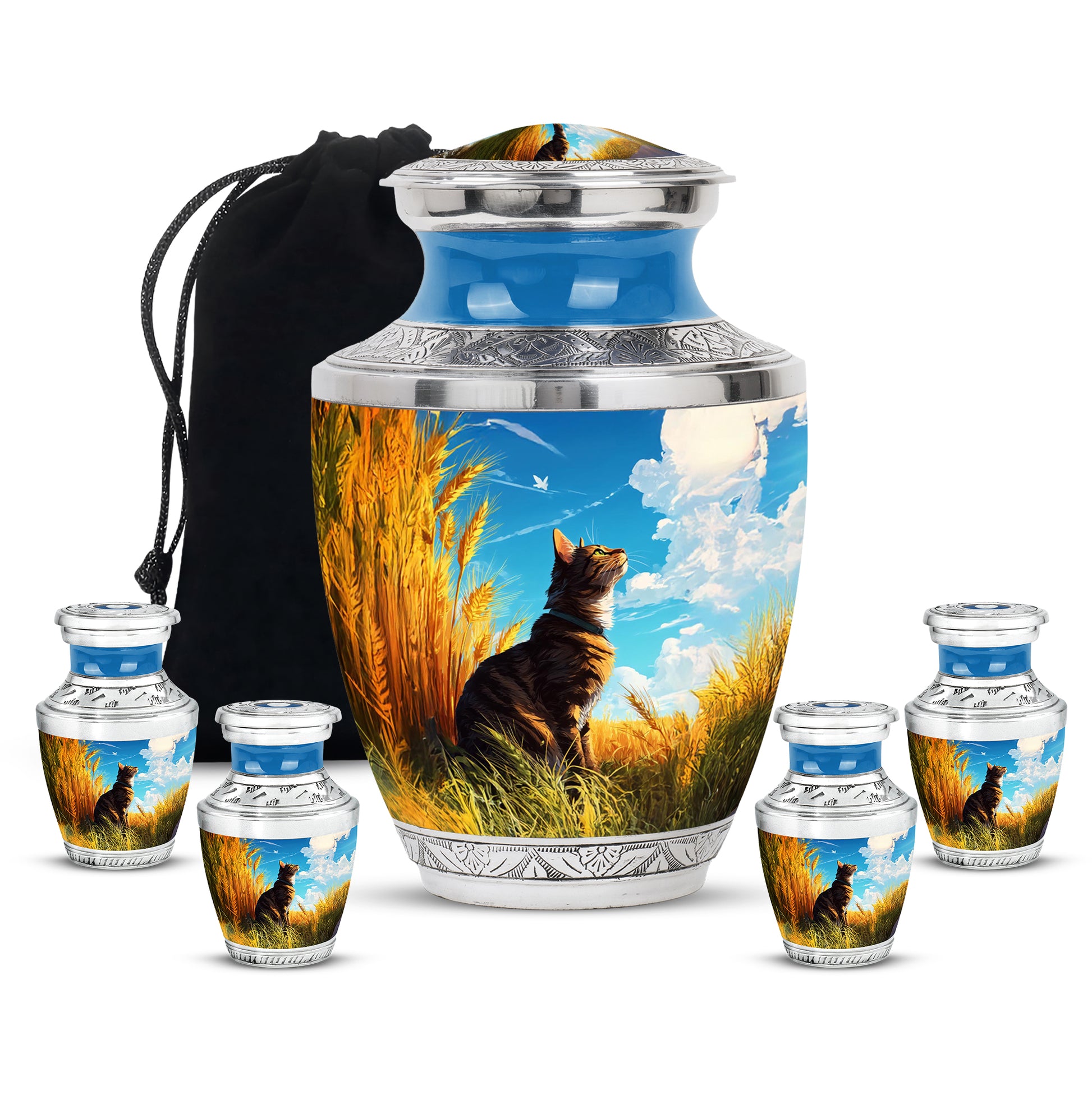 Bright Blue Cat Cremation Urn lifestyle display on memorial shelf - artistic cat interpretation with creative detail - memorial set with one large and four small urns