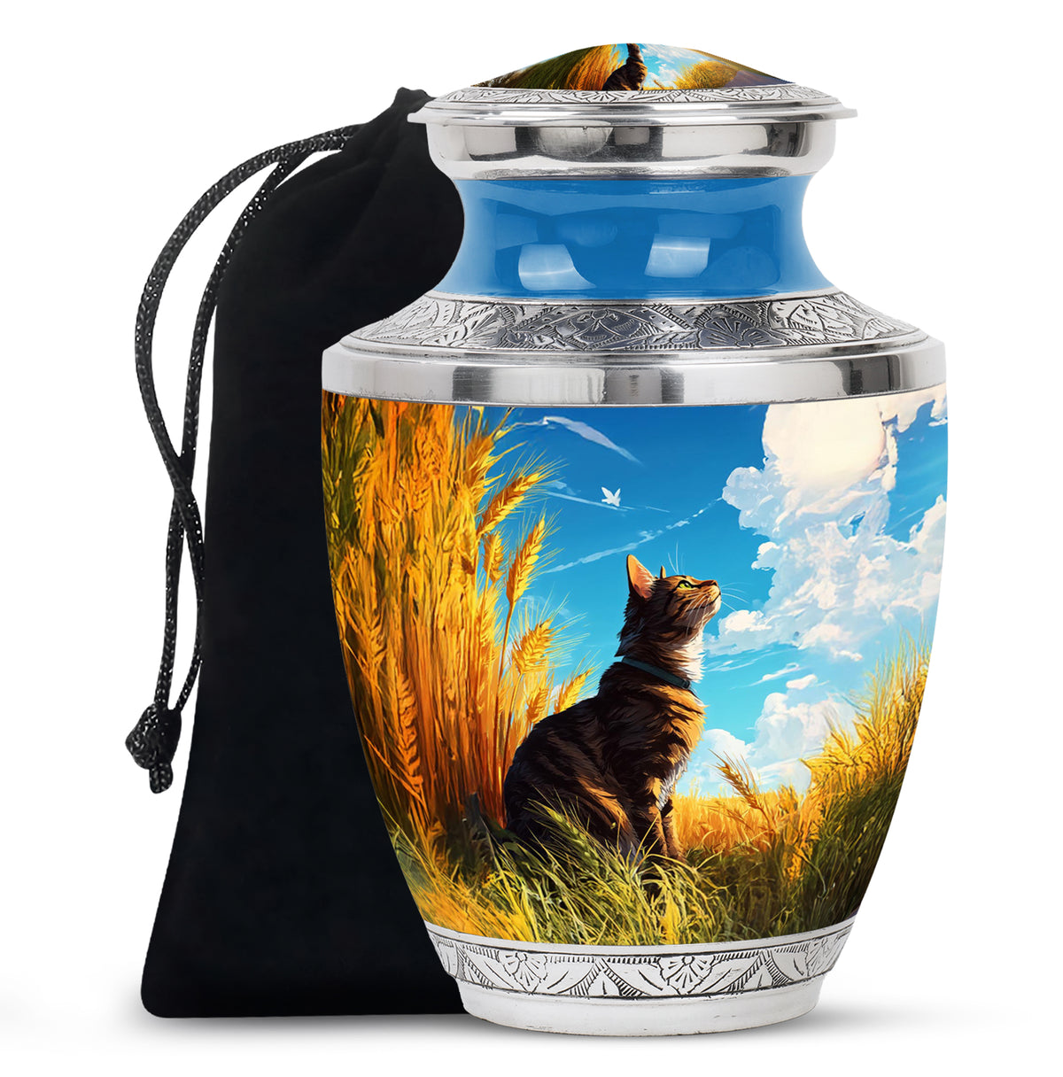 Vivid Blue Cat Cremation Urn side profile showing urn shape - stylized abstract cat pattern with bold lines - full-size 10 inch 200 cubic inch adult cremation urn