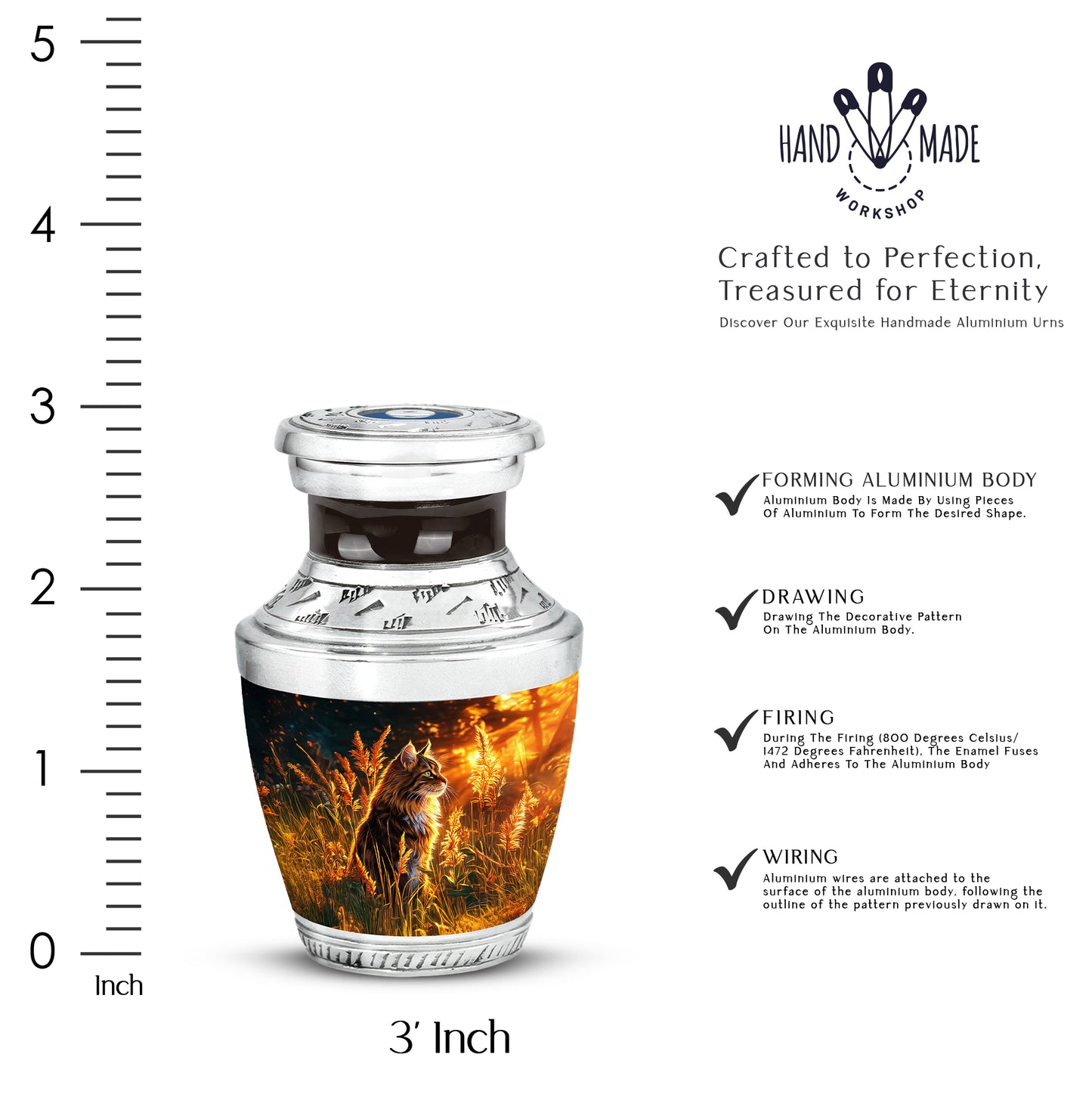 Ebony Cat Cremation Urn top-down view of secure threaded lid - contemporary cat design with modern artistic flair - mini keepsake memorial for portion of cremation ashes