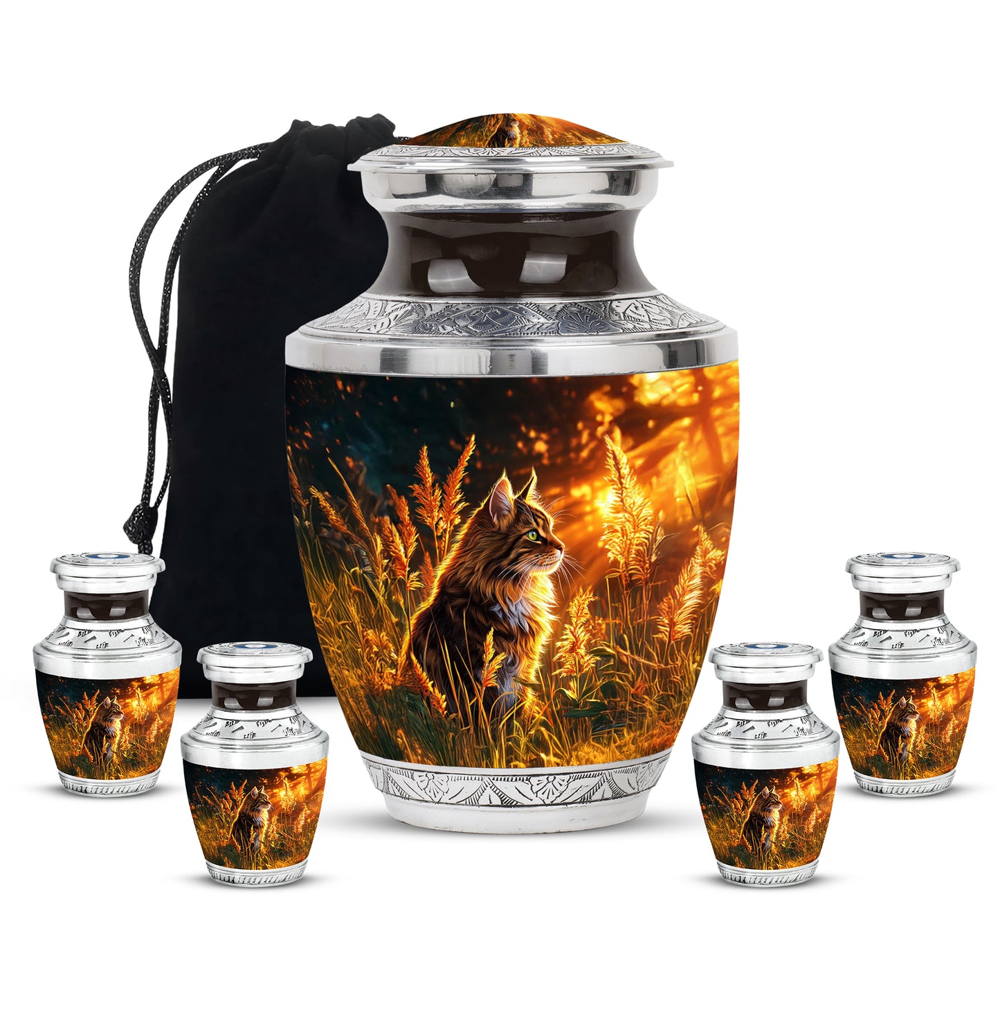 Onyx Black Cat Cremation Urn lifestyle display on memorial shelf - artistic cat interpretation with creative detail - memorial set with one large and four small urns