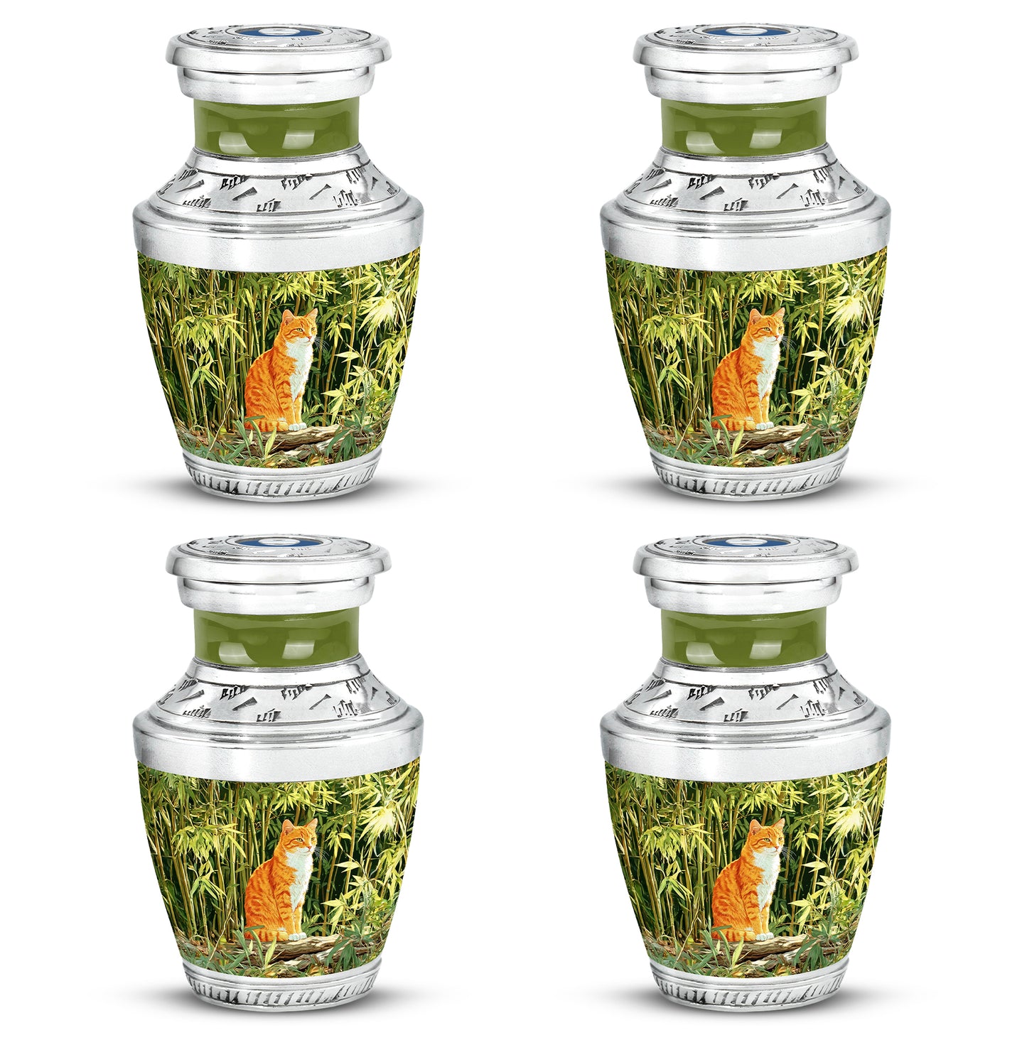 Pine Green Cat Cremation Urn back view with polished surface - stylized abstract cat pattern with bold lines - 10 inch aluminum urn for cremated remains