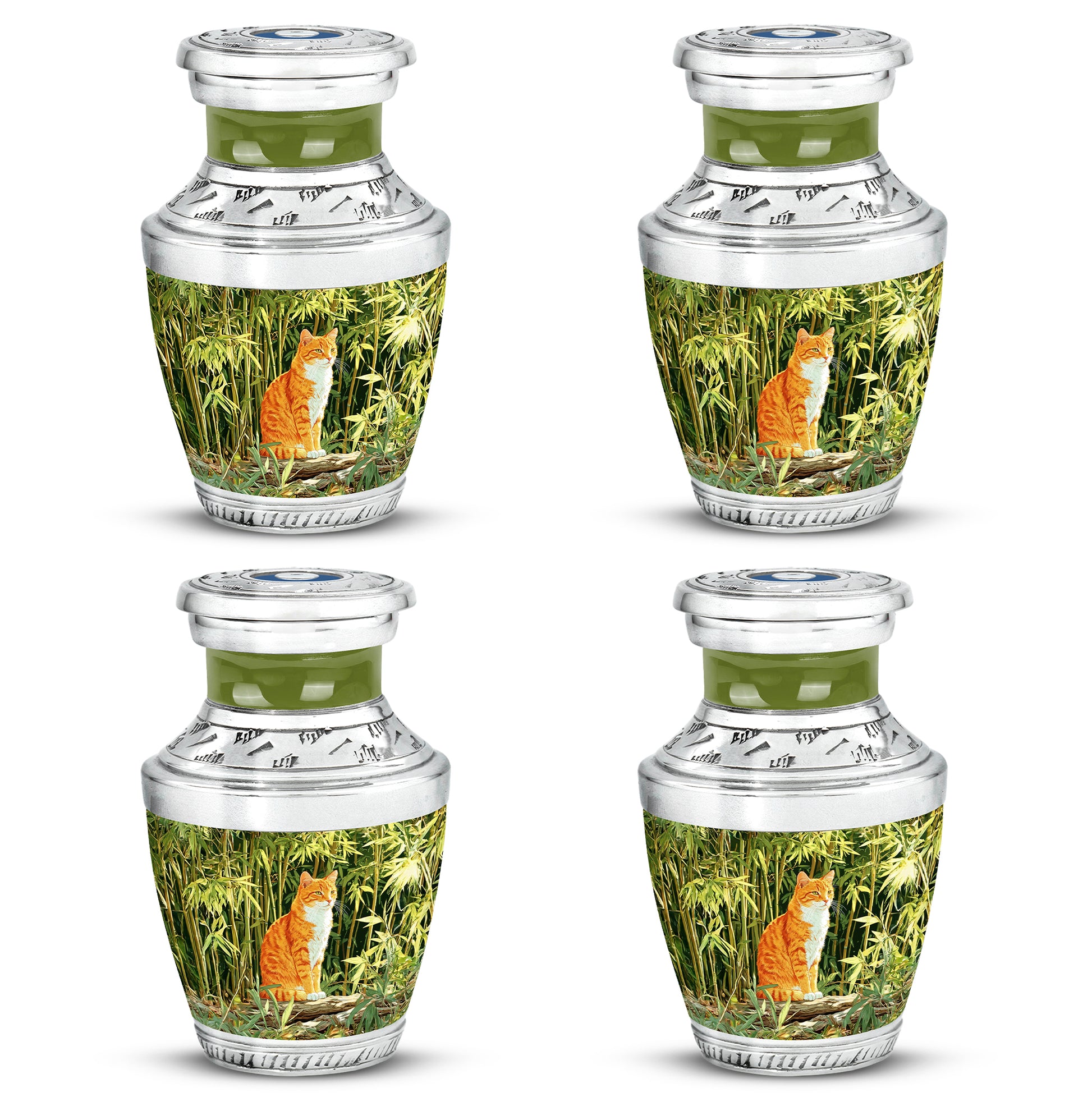 Pine Green Cat Cremation Urn back view with polished surface - stylized abstract cat pattern with bold lines - 10 inch aluminum urn for cremated remains