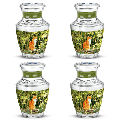 Pine Green Cat Cremation Urn back view with polished surface - stylized abstract cat pattern with bold lines - 10 inch aluminum urn for cremated remains