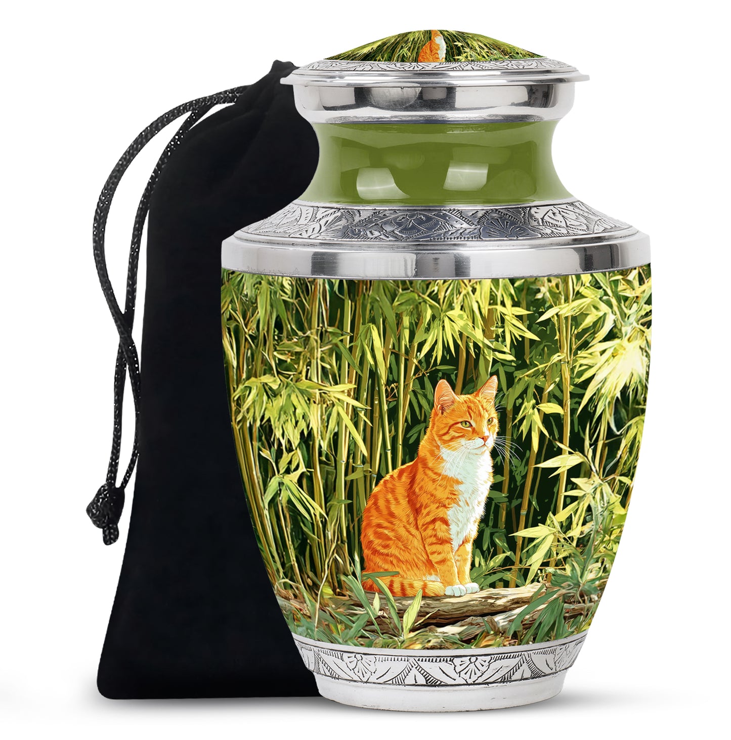 Sage Green Cat Cremation Urn side profile showing urn shape - modern art-inspired cat motif on sleek aluminum - full-size 10 inch 200 cubic inch adult cremation urn