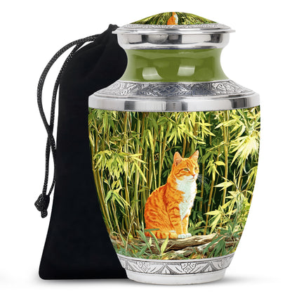 Sage Green Cat Cremation Urn side profile showing urn shape - modern art-inspired cat motif on sleek aluminum - full-size 10 inch 200 cubic inch adult cremation urn