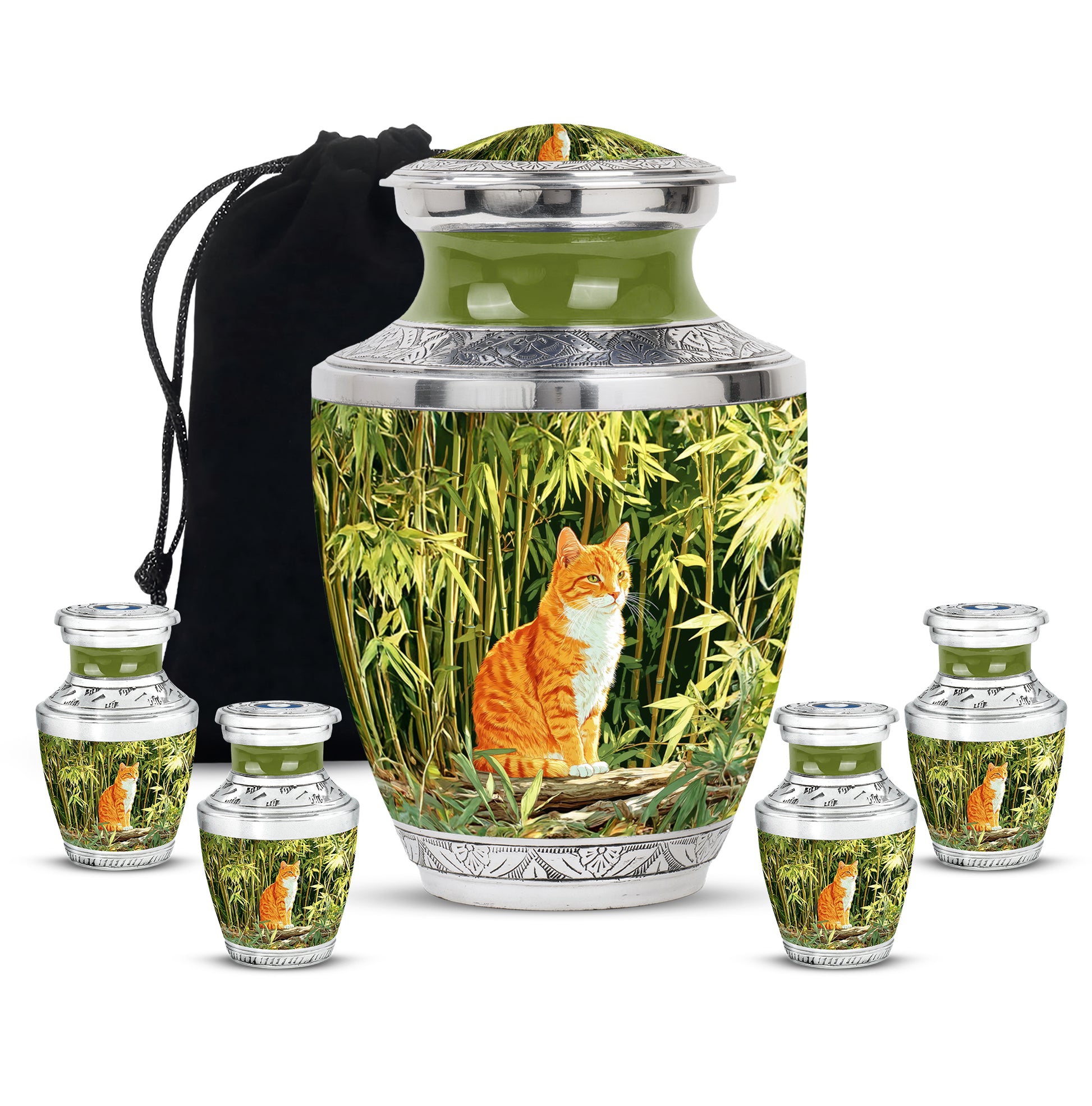 Sage Green Cat Cremation Urn lifestyle display on memorial shelf - contemporary cat design with modern artistic flair - memorial set with one large and four small urns