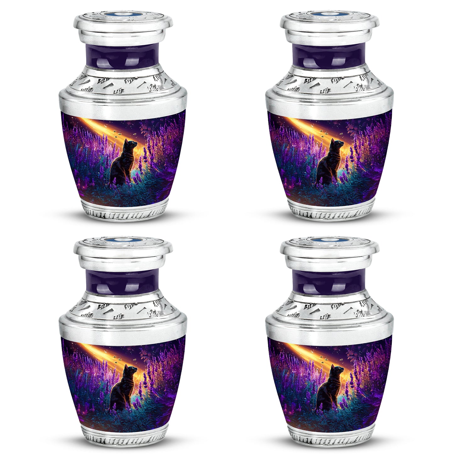 Lavender Purple Cat Cremation Urn back view with polished surface - artistic cat interpretation with creative detail - 10 inch aluminum urn for cremated remains