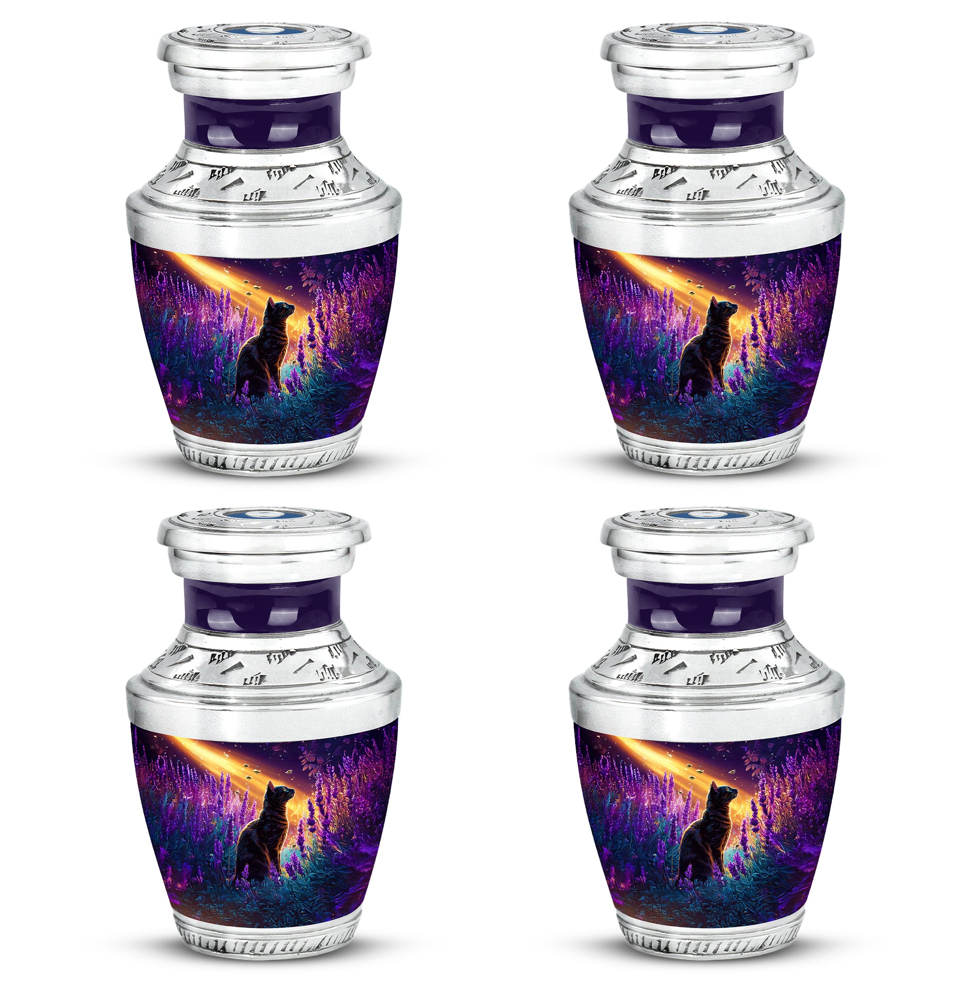 Lavender Purple Cat Cremation Urn back view with polished surface - artistic cat interpretation with creative detail - 10 inch aluminum urn for cremated remains