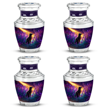 Lavender Purple Cat Cremation Urn back view with polished surface - artistic cat interpretation with creative detail - 10 inch aluminum urn for cremated remains