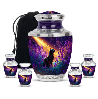 Grape Purple Cat Cremation Urn lifestyle display on memorial shelf - stylized abstract cat pattern with bold lines - memorial set with one large and four small urns