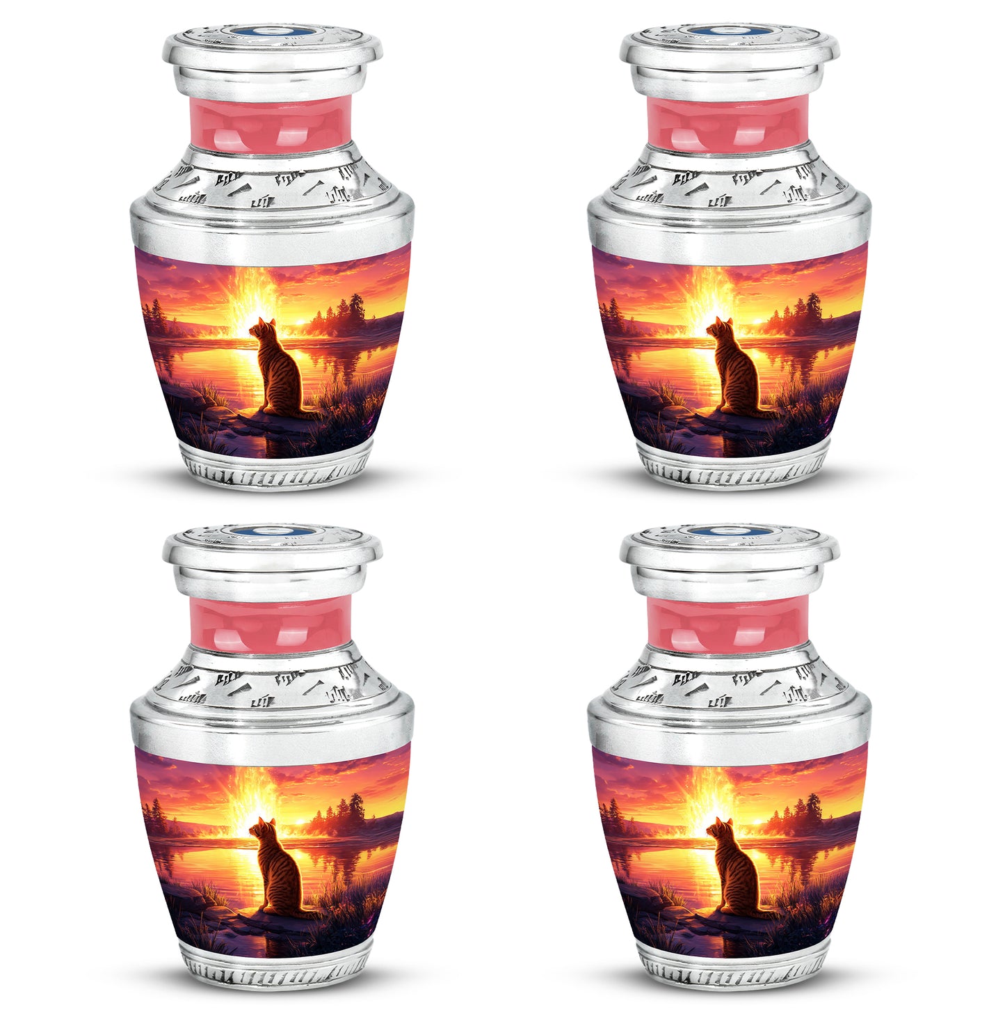 Crimson Red Cat Cremation Urn back view with polished surface - modern art-inspired cat motif on sleek aluminum - 10 inch aluminum urn for cremated remains