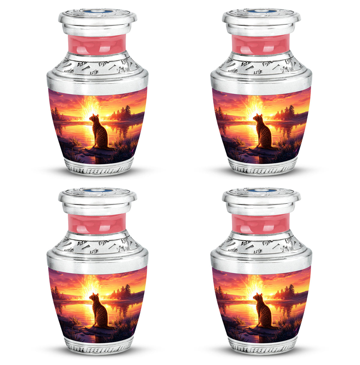 Crimson Red Cat Cremation Urn back view with polished surface - modern art-inspired cat motif on sleek aluminum - 10 inch aluminum urn for cremated remains